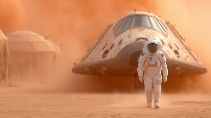 Wall Mural - an astronaut walks across the dusty terrain of mars, approaching a sleek landing craft and futuristi