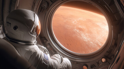Wall Mural - an astronaut sits calmly, gazing out the spacecraft window at the striking red surface of mars. the 