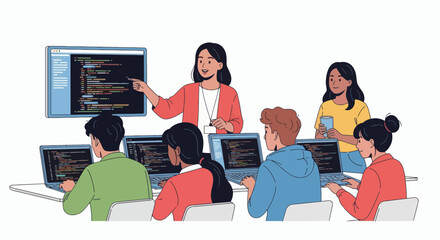 A female instructor leads a group of students in a computer programming class, demonstrating code on a large screen.
