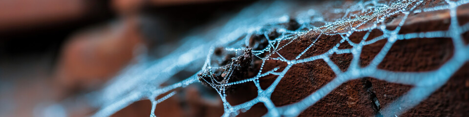 Dew-Covered Spiderweb on Brick Surface