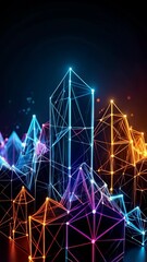 Wall Mural - abstract glowing wireframe city skyline featuring geometric shapes and futuristic, digital rendering