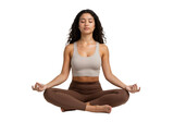 Woman meditating in lotus position, eyes closed, peaceful expression, casual yoga outfit, white background, PNG format