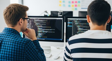 two focused programmers collaborating on a complex coding project at their desks with multiple compu