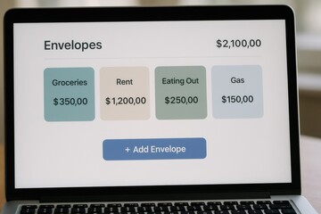 laptop displaying a digital budgeting interface with various expense categories and amounts, promoti