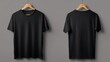 © Stock by Hemal - High-quality photo of mockup of black t-shirt, front and back view, hangs on wooden hanger. Clothes template for design. Apparel advertising concept. Blank tshirt for branding.