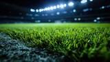 High-quality photo of green grass macro in sports arena with lights background. Close up of soccer field lines. Background soccer lawn grass football stadium ground view.