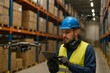 © Татьяна Евдокимова - Engineer in a warehouse using a tablet for drone maintenance, surrounded by shelves of boxes. Drones flying nearby for inspection