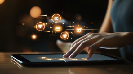 Woman using tablet with glowing social media icons