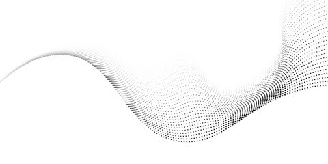 Flowing dots particles nice wave pattern halftone black gradient curve shape isolated on white background.