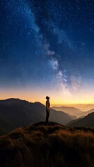 Wall Mural - silhouette of a man gazing up at the milky way on a mountain peak, dawn sky, inspirational nightscap