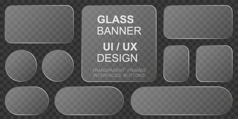 Glass buttons panel and elements set. Plastic screen display. Transparent frames and buttons. Modern UI and UX design. Blank  glass plate mockup