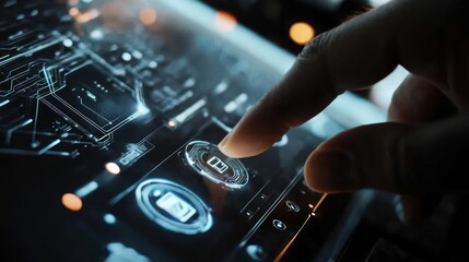 Hand touching futuristic tablet screen