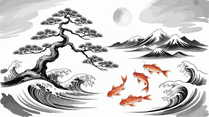  Majestic pine tree with koi fish and waves under moon and mountains carp ocean waves