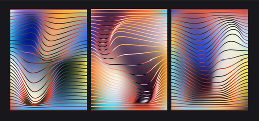 Wall Mural - vector illustration features three panels with wavy, flowing lines in vibrant colors like red, orang