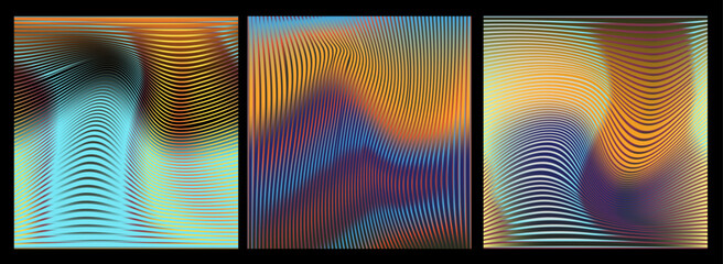 Wall Mural - vector illustration features three panels with wavy, flowing lines in vibrant colors like red, orang