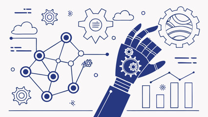 Wall Mural - Ai technology automation robot hand and machine learning concept with gears and data analysis diagram design