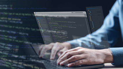 Software development business concept. Programmer coding computer. Developer programming web application technology. Software engineer. web developer.
