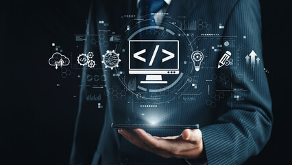 Modern web development concept featuring coding symbols, web development process, web development interface, and web development tools with futuristic design. Elide
