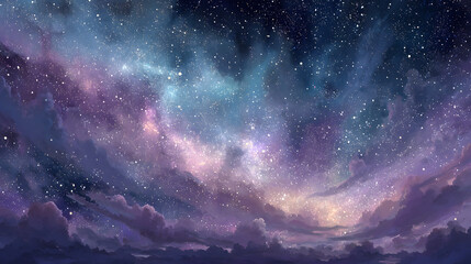 Wall Mural - Beautiful fantasy starry night sky, blue and purple colorful, galaxy and aurora 4k wallpaper. cosmic watercolor illustration. Colorful space background with stars