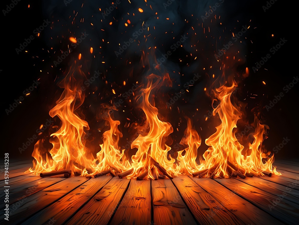 Fiery Inferno Embers Glowing on Wooden Floor, Dramatic Fire Background ...