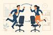 © Karla - Job swap, employee exchange program. Business people switching roles. Career change opportunity. Man and woman jumping, changing office chairs. Role reversal and corporate mobility.