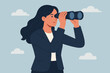 © Karla - Business woman with binoculars searching for job. Concept of new opportunity, vision, looking far ahead for future success. Career observation and leadership exploration.