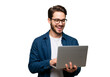 © TURTLE-STUDIO - Smiling Young Man Using Laptop on White Background, Representing Modern Work and Digital Communication