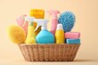 © Serhii - Essential Disinfecting Products: Home Cleaning Supplies Organized in a Basket on a Light Background