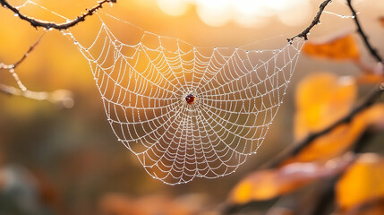 Delicate Dew-Kissed Spiderweb in Autumn Sunlight