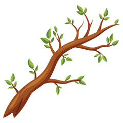 Cartoon Tree Branch with Green Leaves Isolated on a White Background