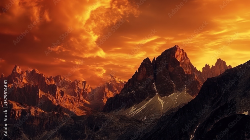 Fiery sunset illuminates a dramatic mountain range, casting the jagged ...