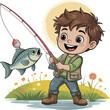 © Ideasy Mind - PrintHappy cartoon boy fishing in nature, cute child holding rod with fish, outdoor adventure illustration, kids fun activity, vector art