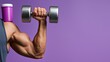 © OleksandrZastrozhnov - Young caucasian male lifting dumbbell against purple background with protein shaker