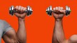 © OleksandrZastrozhnov - Two male arms lifting dumbbells against vibrant orange background