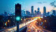 © Monmeo - Smart Traffic Control: Capturing the dynamic intersection of technological innovation and urban life, an illuminating view of a smart traffic light against the backdrop of a bustling cityscape.