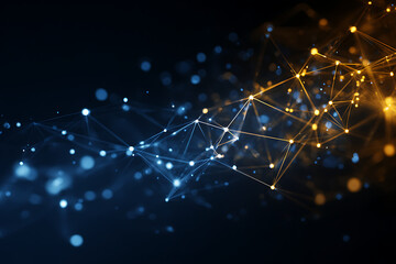 futuristic glowing network of blue and yellow particles connected by dynamic lines on dark background abstract digital mesh concept for data communication connections and advanced technology themes