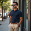 © Vadym - Stylish man in dark blue polo shirt, beige chinos stands on city street. Wears sunglasses, brown leather belt, hands in pockets. Casual smart attire for modern urban living, fashion forward design.
