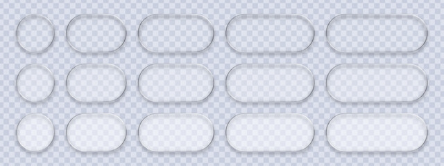 Set of liquid glass frames on transparent background. Realistic blank vector buttons with reflection and shadow for web interface design.