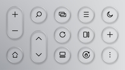 Computer icons set on a light gray background with liquid glass vector effect for modern application interface design.
