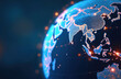 © Vadym - Digital globe graphic, abstract blue world map with glowing orange connections and binary code. Futuristic cyberspace network symbolizes global communication, data flow, and innovation in technology.