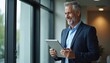 © Vadym - Mature businessman in suit holds digital tablet, smiles looking away. Confident executive uses tech device in modern office. Successful pro, CEO, manager thinking about success, leadership.