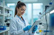 © Vadym - Female scientist in laboratory uses tablet for digital analysis in healthcare research. Expert works with medical data, focusing on diagnosis, cure, innovation for future medicine. Technology