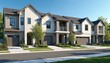 © Vadym - Modern townhouses lining sunny suburban street. New construction homes feature grey, white exteriors, integrated garages, manicured landscaping. Offers glimpse into residential architecture,