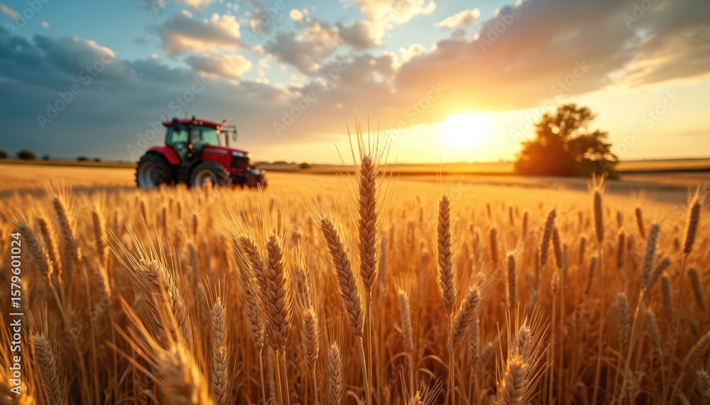 Foto de Stock Golden wheat field at sunset with a red tractor ...