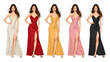 © Yuda Satria Perdana - Elegant fashion illustration featuring five beautiful women in glamorous satin evening gowns with high slits and deep V-necks, perfect for luxury fashion design and digital artwork