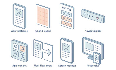 Canvas Print - Ui design elements: wireframe, grid, icons, navigation, responsive screen mockup