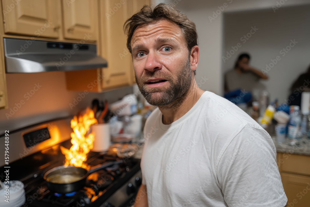 Culinary Catastrophe: A man's panicked expression captures the moment a ...