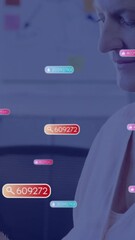 Wall Mural - using tablet, woman in office with floating colorful animation data tags