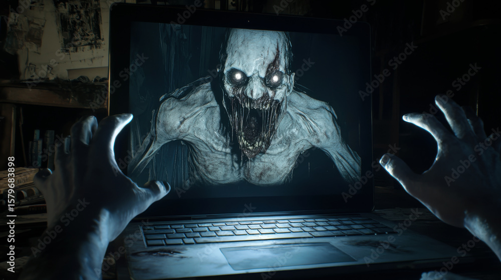 Terrifying horror creature emerging from laptop screen in dark room ...