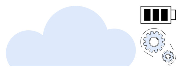 Wall Mural - cloud shape, full battery icon, gear wheels signify storage, sustainability, process automation. ide
